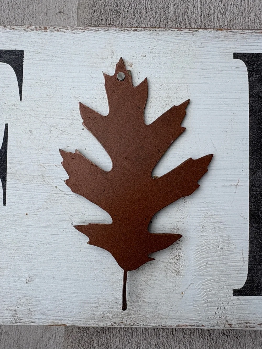 Rustic White Wood FALL Wall Sign with Brown Leaf Accent